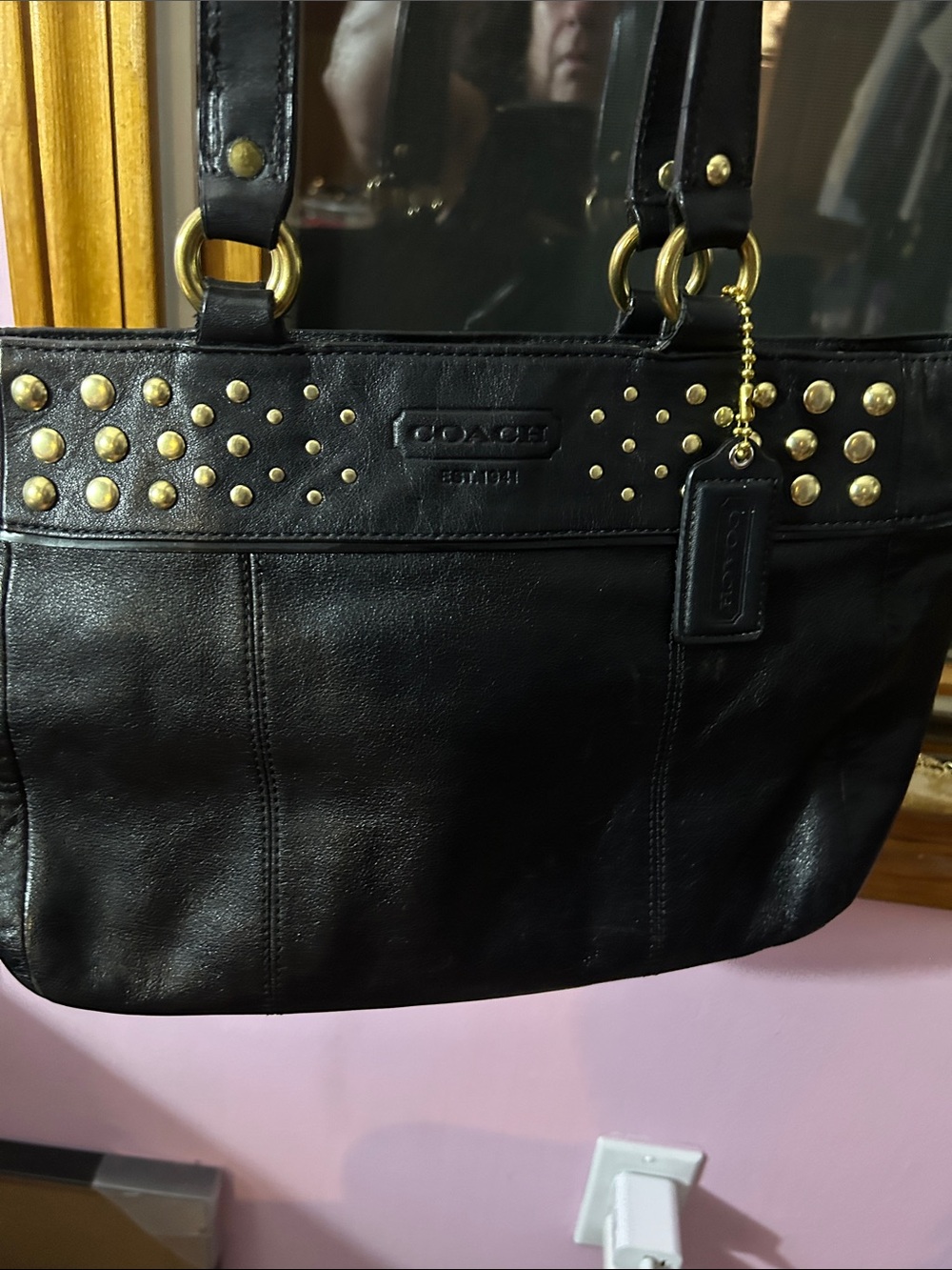 Coach 2010 East West Black Leather Studded Tote with Brass Hardware - Picture 7 of 7